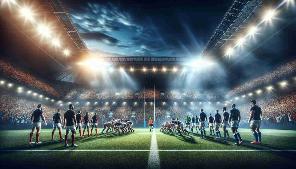 Realistic high-definition image illustrating a decisive moment in the sport of rugby, specifically highlighting the onset of a new era of fierce rivalries. The foreground should showcase two diverse teams facing off, with the powerful energy and anticipation before the start of the match palpable. Stadium lights illuminate the field and focus the tension and excitement in the scene. The spectators in the background are a diverse mix of different ages and descents, brought together in unity for the love of the game, cheering and waving banners passionately.