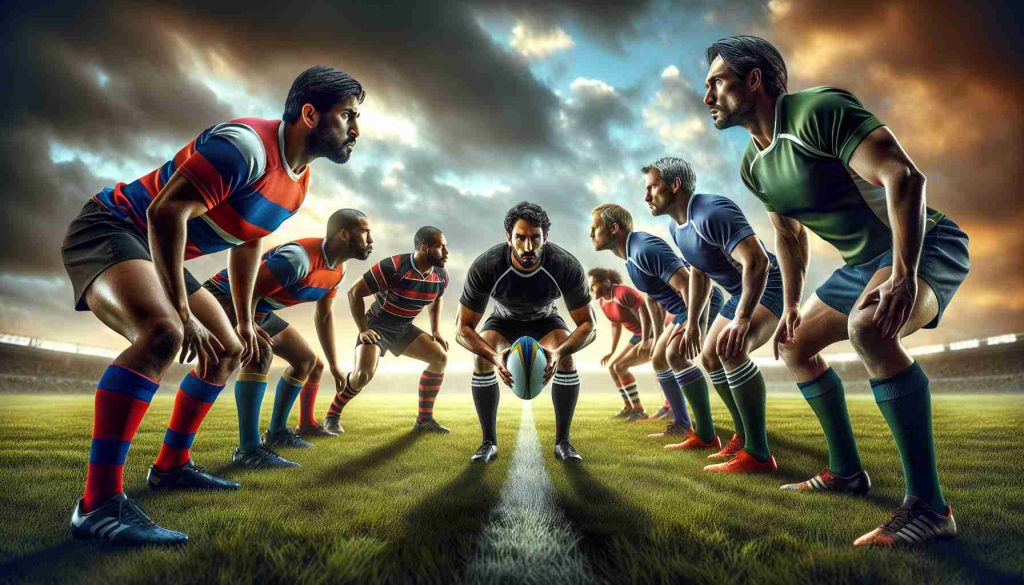 Create a hyperrealistic image showcasing intense rivalry in a rugby game. The scene should be set on a lush, grassy field with two teams facing off. Each player, in their colorful uniforms, should exhibit concentration and determination reflecting the high stakes of the match. The sky should be partially cloudy, adding drama to the scene. On one side, a Middle-Eastern man with a muscular build is holding the rugby ball, ready to make a pivotal move. On the other side, a Caucasian woman, equally as strong and determined, is preparing to intercept the player with the ball.