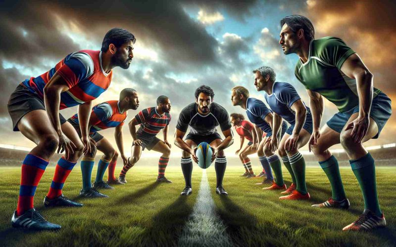 Create a hyperrealistic image showcasing intense rivalry in a rugby game. The scene should be set on a lush, grassy field with two teams facing off. Each player, in their colorful uniforms, should exhibit concentration and determination reflecting the high stakes of the match. The sky should be partially cloudy, adding drama to the scene. On one side, a Middle-Eastern man with a muscular build is holding the rugby ball, ready to make a pivotal move. On the other side, a Caucasian woman, equally as strong and determined, is preparing to intercept the player with the ball.