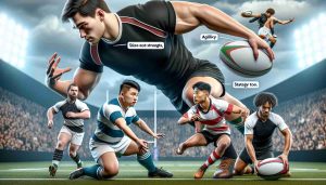 A highly detailed, realistic HD image of a scene illustrating the debunking of myths about size, strength, and strategy in rugby. It shows players of varying sizes, indicating that there's more to the game than just physical bulk - agility and strategy matter too. The scene includes a Caucasian female player executing a strategic move, an Asian male player showcasing his agility, and a Black player displaying his strength, both highlighting that skill and strategy are equally crucial regardless of physical size. Note, everyone is in rugby uniforms and the background depicts a rugby field.