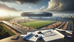 Realistic high-definition image of the new stadium site acquired by a prestigious rugby team. The scene showcases the wide, expansive area slated for construction, possibly an open field or a demolition site, with markers and construction equipment strewed around. In the foreground, conceptual architectural drawings and blueprints for the upcoming stadium give a glimpse into the exciting development. Inspiring notes about the future of rugby and its influence on the city's sports culture could be observed in the atmosphere.