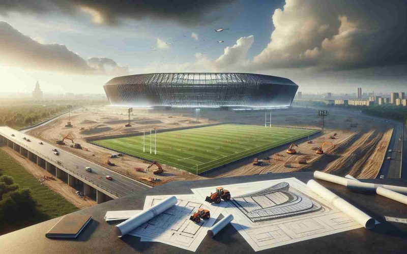 Realistic high-definition image of the new stadium site acquired by a prestigious rugby team. The scene showcases the wide, expansive area slated for construction, possibly an open field or a demolition site, with markers and construction equipment strewed around. In the foreground, conceptual architectural drawings and blueprints for the upcoming stadium give a glimpse into the exciting development. Inspiring notes about the future of rugby and its influence on the city's sports culture could be observed in the atmosphere.