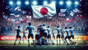 A high-definition, realistic depiction of a thrilling scene portraying an unspecified team from Japan celebrating their victory over an unspecified team from Uruguay in a heated sports match. The players could be seen in state of jubilation, some hugging each other, some raising their fists in the air, and others waving their national flag. The animated banners of the supporters in the stands and the electrified ambiance of the stadium add to intensity of the scene. The Uruguayan team is shown displaying a sense of respect and sportsmanship, acknowledging Japan's victory.