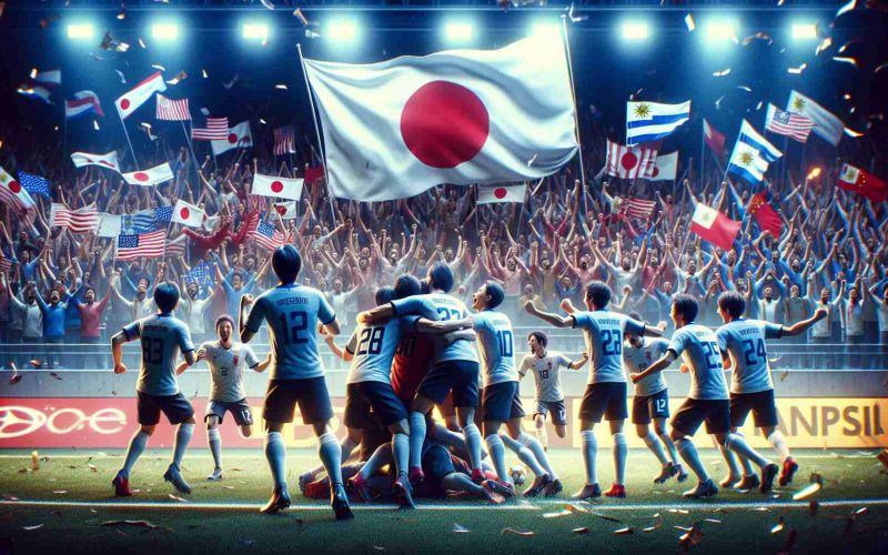 A high-definition, realistic depiction of a thrilling scene portraying an unspecified team from Japan celebrating their victory over an unspecified team from Uruguay in a heated sports match. The players could be seen in state of jubilation, some hugging each other, some raising their fists in the air, and others waving their national flag. The animated banners of the supporters in the stands and the electrified ambiance of the stadium add to intensity of the scene. The Uruguayan team is shown displaying a sense of respect and sportsmanship, acknowledging Japan's victory.