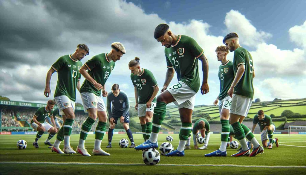 Realistic, high-definition image of a mixed-gender and multi-racial football squad from Ireland preparing for a match against Argentina. The scene displays the team in their green and white uniforms on the training field, executing various drills, strategizing, and making game plans. The energy is high, reflecting anticipation for the upcoming game. The backdrop features the Irish landscapes - lush green fields under a partly cloudy sky.