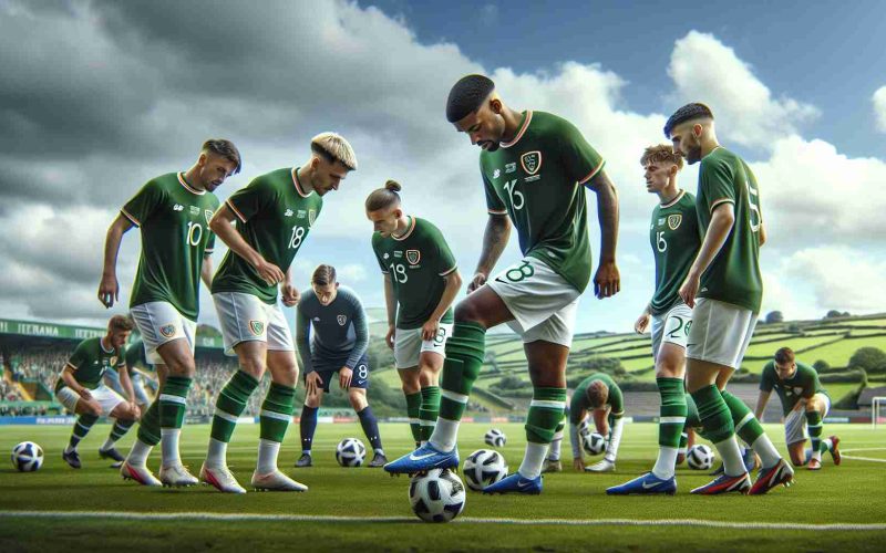 Realistic, high-definition image of a mixed-gender and multi-racial football squad from Ireland preparing for a match against Argentina. The scene displays the team in their green and white uniforms on the training field, executing various drills, strategizing, and making game plans. The energy is high, reflecting anticipation for the upcoming game. The backdrop features the Irish landscapes - lush green fields under a partly cloudy sky.