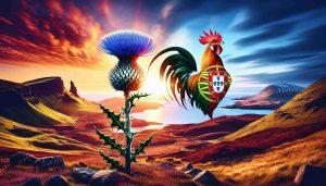 Generate a high-definition, realistic image symbolizing Scotland's triumph over Portugal in a challenging event, even after experiencing a recent setback. This image should not depict real people, but rather, personify the countries. For Scotland, show the country's symbol, a thistle, shining bright with resilience and determination, standing tall amidst a beautiful, rugged highland backdrop. Contrast this with Portugal's symbol, a Rooster, portrayed in a seemingly surprised or retroceding stance. Make sure to include a striking sunset - the beautiful colors painting the sky as a symbol for the end of the struggle.