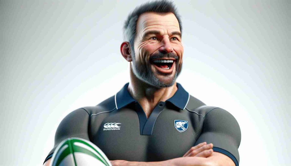 A high definition, realistic image of a jubilant rugby coach, evidently excited about an upcoming rugby challenge. In this scene, the coach is a middle-aged man with a robust physique, wearing typical rugby work-out attire. His expression conveys eager anticipation and determination, perhaps he's studying some game strategies or chatting with his team.