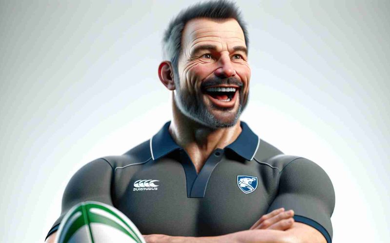 A high definition, realistic image of a jubilant rugby coach, evidently excited about an upcoming rugby challenge. In this scene, the coach is a middle-aged man with a robust physique, wearing typical rugby work-out attire. His expression conveys eager anticipation and determination, perhaps he's studying some game strategies or chatting with his team.