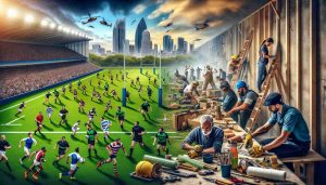 An HD photo portraying the juxtaposition of a bustling rugby field filled with players in action and a construction site where renovations are underway, symbolizing an entrepreneurial journey from the world of sports to the world of construction and business. The left side of the image depicts men and women of diverse descents like Caucasian, Hispanic, Black, Middle-Eastern, South Asian, passionately playing rugby on a lush green field. On the right side, individuals with similar diverse backgrounds are actively involved in construction and renovation works, tools in their hands, intent on their tasks.