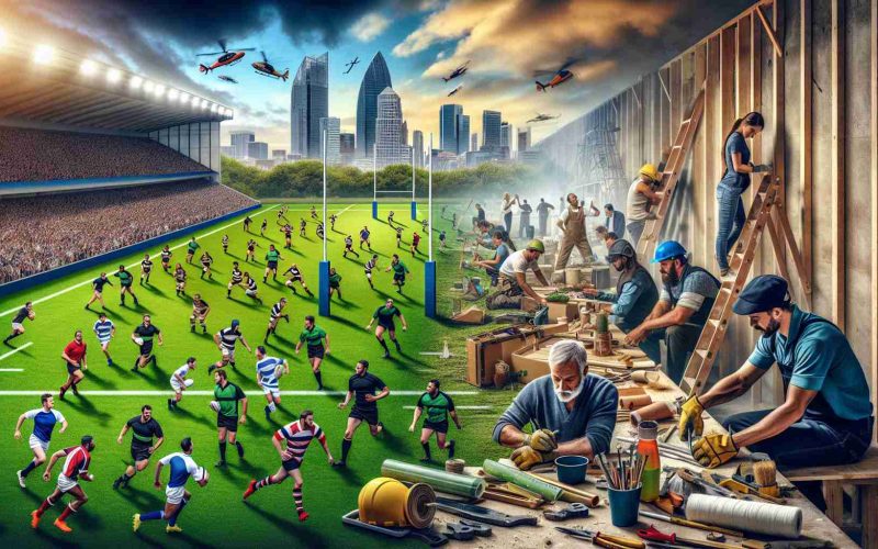 An HD photo portraying the juxtaposition of a bustling rugby field filled with players in action and a construction site where renovations are underway, symbolizing an entrepreneurial journey from the world of sports to the world of construction and business. The left side of the image depicts men and women of diverse descents like Caucasian, Hispanic, Black, Middle-Eastern, South Asian, passionately playing rugby on a lush green field. On the right side, individuals with similar diverse backgrounds are actively involved in construction and renovation works, tools in their hands, intent on their tasks.