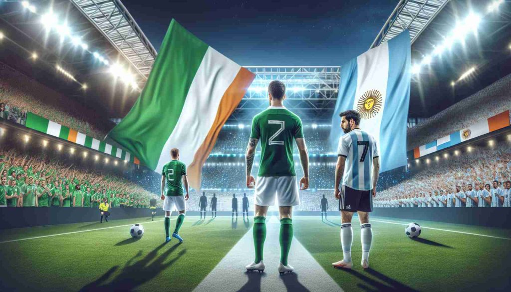 High-definition photo realistically depicting an exciting sports matchup preview between two national teams: one wearing green and white uniforms representing Ireland, and the other in light blue and white uniforms representing Argentina. The scene should display anticipatory energy, perhaps with player silhouettes, a stadium filled with cheering fans, and both countries' flags proudly waving in the wind.