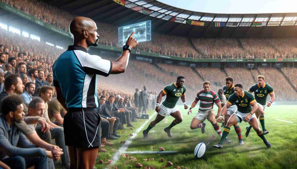 A high-definition, realistic image featuring a scene of an innovative change in match officiating during a rugby game in South Africa. The scene should depict a referee, who is a Black male and the players featuring a mix of racial descents such as Caucasian, Black, and South Asian. The referee should be seen using a novel system, maybe a digital gadget or sophisticated signal method, that displays the paradigm shift in officiation methods. In the backdrop, capture the hustle and bustle of a typical South African rugby match, the spectators, and the lush green field of play.