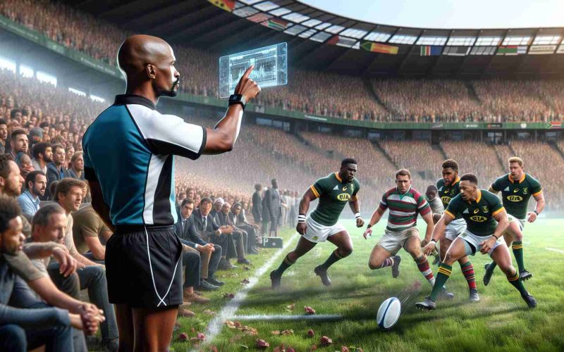 A high-definition, realistic image featuring a scene of an innovative change in match officiating during a rugby game in South Africa. The scene should depict a referee, who is a Black male and the players featuring a mix of racial descents such as Caucasian, Black, and South Asian. The referee should be seen using a novel system, maybe a digital gadget or sophisticated signal method, that displays the paradigm shift in officiation methods. In the backdrop, capture the hustle and bustle of a typical South African rugby match, the spectators, and the lush green field of play.