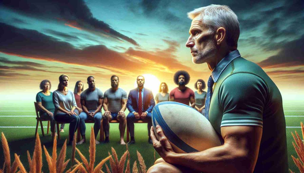 Generate an image that conveys the concept of starting new beginnings and embracing mental wellness beyond a career in rugby. The image would be a high definition, realistic portrayal, signifying the intersection of sportsmanship and mental health. A key component could involve a retired rugby player, depicted as Caucasian middle-aged male, looking contemplatively at a rugby ball while a sunrise can be seen in the backdrop. In the far distance, we see a diverse group of people of different genders (male and female), and descents (Black, Hispanic, South Asian, and Middle-Eastern) participating in a group therapy session.