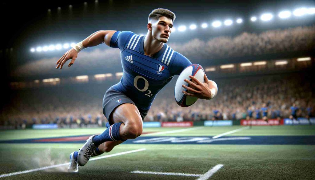 Realistic high definition image of a rising rugby star, sharing physical similarities with a popular French rugby player, as he makes history in the Rugby Sevens. He is in dynamic action on the pitch, visibly determined and focused. his jersey is blue and he holds a rugby ball securely. The crowd in the background is animated, cheering enthusiastically, reflecting the importance of the moment.