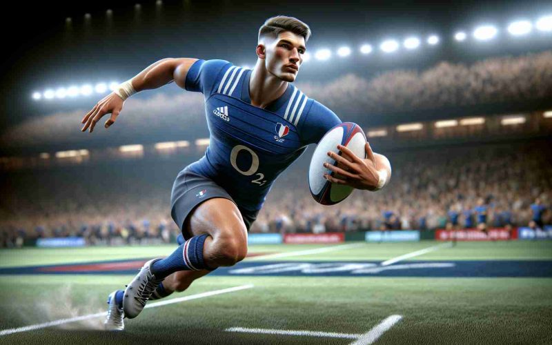 Realistic high definition image of a rising rugby star, sharing physical similarities with a popular French rugby player, as he makes history in the Rugby Sevens. He is in dynamic action on the pitch, visibly determined and focused. his jersey is blue and he holds a rugby ball securely. The crowd in the background is animated, cheering enthusiastically, reflecting the importance of the moment.