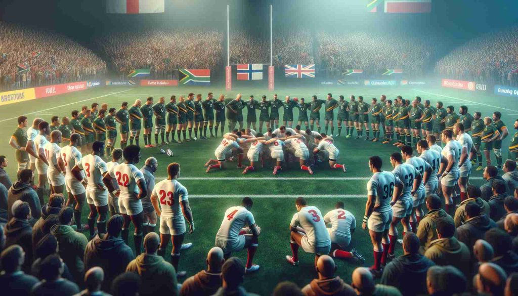 A high definition, realistic photo portraying a tense moment in an upcoming rugby match between teams representing England and South Africa. The scene is filled with anticipation, both teams, made up of athletes of diverse descents and genders, are strategizing and preparing for a challenge that will undoubtedly test their strength and agility. The atmosphere is rife with the intensity of the spectators. The rugby field, the engrossed crowd around it, the strategy huddle on the field, the uniforms, the anticipation - all of it in vibrant, realistic colors.