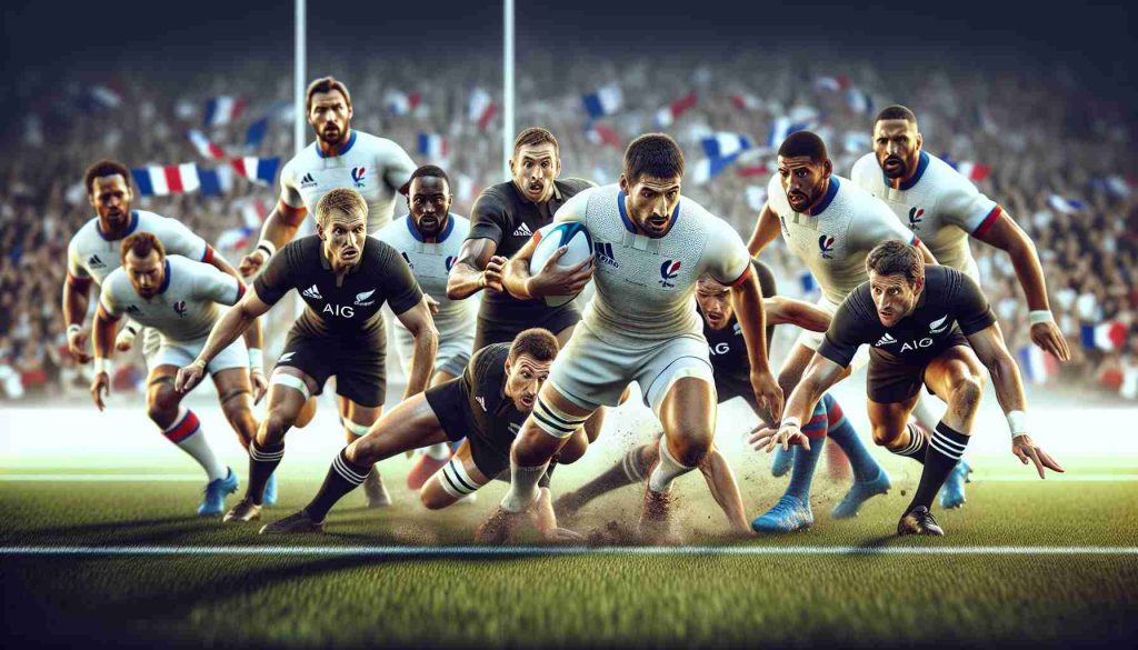 Create a realistic high-definition photo of a paramount rugby match between France and New Zealand. The image should show intense action on the field with players from both teams striving for dominance. Show the energy, determination and athleticism of players, white and black jerseys for French and New Zealand teams respectively. The vibrant atmosphere of the audience, predominantly dressed in their team's colors, capturing the essence of rugby sportsmanship. Please do not reveal any individual faces, ensuring player's anonymity.