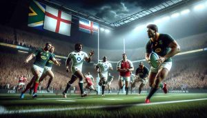 Realistic high-definition image of an intense rugby match between players representing England and South Africa. The English team is determined to avenge their previous loss and their expressions portray a strong sense of redemption. Their South African opponents display equal resolve, preparing to defend their victory. The location is a grand stadium filled with cheering fans. Atmospheric lighting sets the mood, casting dynamic shadows across the pitch and attendees alike. Note: the players' identities are not important, but the action, intensity, and emotions present during such a grudge match should be focused on.