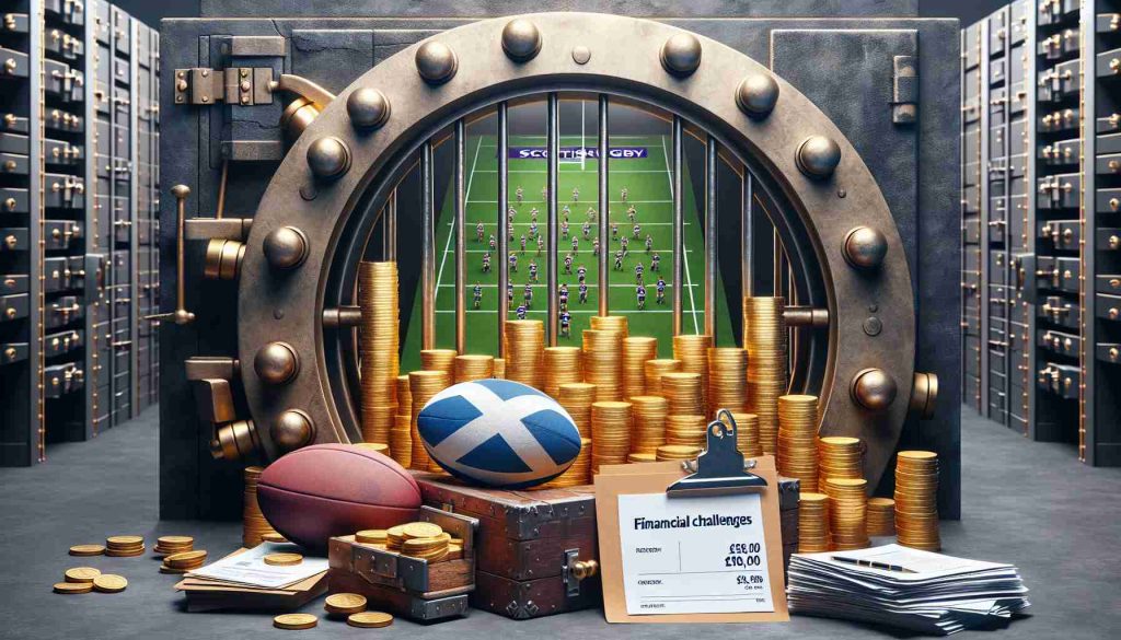 A high-definition, realistic image that represents the concept of financial challenges in Scottish rugby, despite record revenue. Visualize a setting that communicates the paradox, such as vaults full of gold coins, representing the record revenue but also paperwork indicating financial difficulties. Include rugby elements like jerseys, balls, and stadium to represent the context of the scenario.