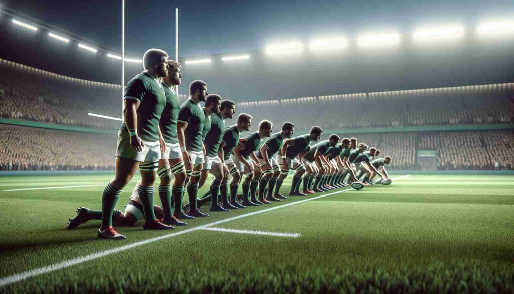 High-definition, realistic depiction of a rugby team lining up for a game, demonstrating a new team formation. The line-up includes a prominent left prop near achieving a noteworthy milestone. The scene is set on a lush green rugby pitch with a roaring crowd in the background.