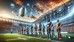 High-definition, realistic image showcasing transformative innovations in the sport of rugby. The scene includes a new, innovative rugby ball design, advanced protective gear, and a cutting-edge, high-tech stadium optimized for rugby games. The innovation also extends to the coaching techniques with digital strategies visible on a sideline touch-screen panel. Players on the field are from diverse descents like South Asian, Caucasian, Black, Hispanic and Middle Eastern men, and each using the new equipment. The sky is vibrant, symbolizing a new dawn for the sport.