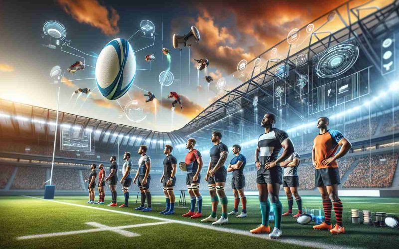 High-definition, realistic image showcasing transformative innovations in the sport of rugby. The scene includes a new, innovative rugby ball design, advanced protective gear, and a cutting-edge, high-tech stadium optimized for rugby games. The innovation also extends to the coaching techniques with digital strategies visible on a sideline touch-screen panel. Players on the field are from diverse descents like South Asian, Caucasian, Black, Hispanic and Middle Eastern men, and each using the new equipment. The sky is vibrant, symbolizing a new dawn for the sport.