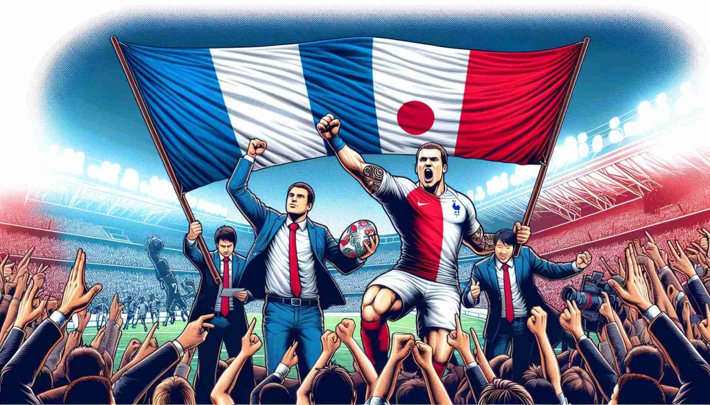 Generate a detailed illustration showing a hypothetical sporting event where a team from France secures a prominent victory against a team from Japan. Visualize distinctively clad players, the thrilled spectators in the background, the colors of the respective countries hanging high, and symbolic gestures signifying victory and sportsman spirit. The image should possess a realistic HD appearance.