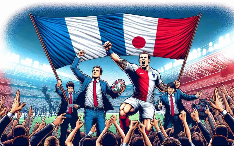 Generate a detailed illustration showing a hypothetical sporting event where a team from France secures a prominent victory against a team from Japan. Visualize distinctively clad players, the thrilled spectators in the background, the colors of the respective countries hanging high, and symbolic gestures signifying victory and sportsman spirit. The image should possess a realistic HD appearance.