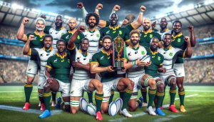 A realistic high-definition image of a South African rugby team celebrating their achievement of securing the world number one position in rugby. The team members of different descents, including Black, Caucasian, and mixed-race, are holding a trophy adorned with rugby balls. They are proudly displaying their colourful uniforms with the South African national emblem on it, all against the backdrop of a large, crowded sports stadium. The excitement and pride is palpable among the team and the spectators alike.