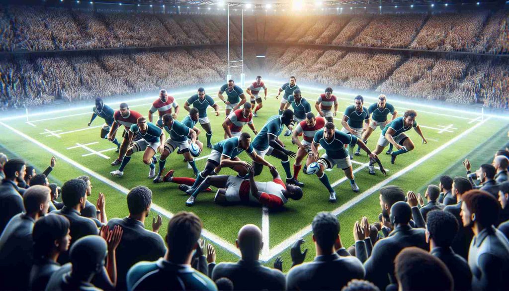 A high-definition, detailed image realistically illustrating a new rugby strategy. Display a diverse field where the rugby players are in the midst of implementing this new strategy, including players of different descents such as Caucasian, Asian, Black, Hispanic, and Middle-Eastern. The atmosphere is tense and the audience is on their toes, eagerly waiting to see the outcome of this transformative strategy which promises to elevate the global appeal of the sport.