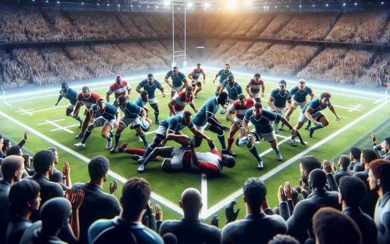 A high-definition, detailed image realistically illustrating a new rugby strategy. Display a diverse field where the rugby players are in the midst of implementing this new strategy, including players of different descents such as Caucasian, Asian, Black, Hispanic, and Middle-Eastern. The atmosphere is tense and the audience is on their toes, eagerly waiting to see the outcome of this transformative strategy which promises to elevate the global appeal of the sport.