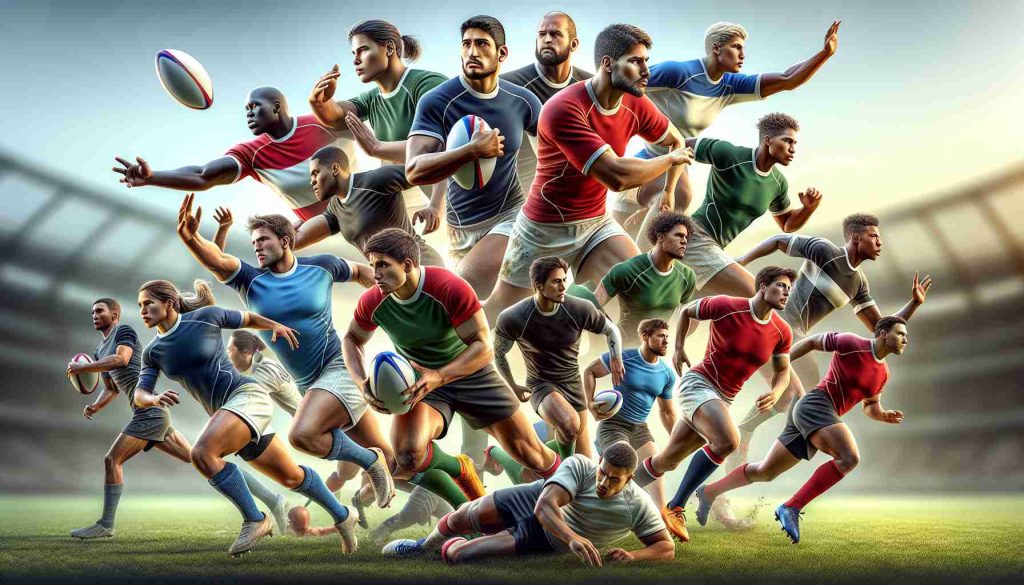 A high-definition, realistic illustration of new emerging athletes in the field of world rugby who are shaping the future of the sport. The scene includes a diverse group of male and female players from various descents such as Caucasian, Hispanic, Black, Middle-Eastern, and South Asian. They are in action on the field, passing the ball, and executing strategic plays. Their phenomenal skills and prowess are evident, suggesting that they are the promising new talents who are set to take the world of rugby by storm.