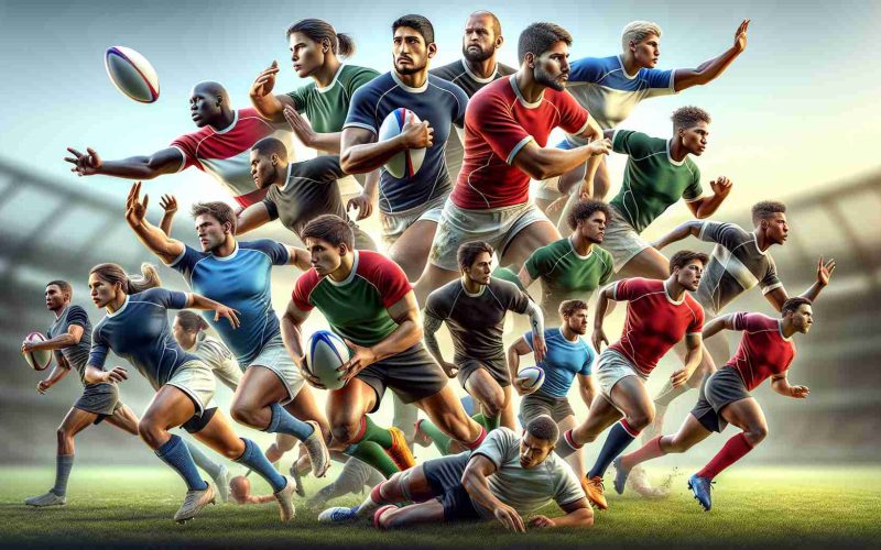 A high-definition, realistic illustration of new emerging athletes in the field of world rugby who are shaping the future of the sport. The scene includes a diverse group of male and female players from various descents such as Caucasian, Hispanic, Black, Middle-Eastern, and South Asian. They are in action on the field, passing the ball, and executing strategic plays. Their phenomenal skills and prowess are evident, suggesting that they are the promising new talents who are set to take the world of rugby by storm.