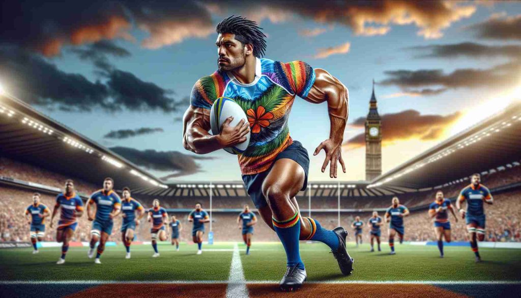 A photo-realistic image of a muscular and tall rugby player in transition. He is donning vibrant sports gear typical of Rugby Union, portraying both South Pacific Islands and European influences. He holds a rugby ball in his firm grip, mid-action on a rugby field. The backdrop is a European horizon showcasing an awe-inspiring sunrise. Spectators on the sideline exhibit a mixture of anticipation and excitement. Note: focus on the player's athletic build, his movement, and the cultural blend in his gear.