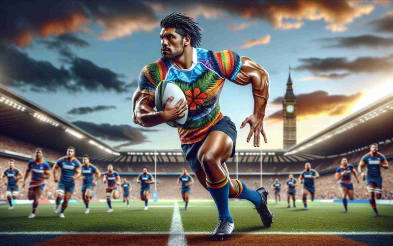 A photo-realistic image of a muscular and tall rugby player in transition. He is donning vibrant sports gear typical of Rugby Union, portraying both South Pacific Islands and European influences. He holds a rugby ball in his firm grip, mid-action on a rugby field. The backdrop is a European horizon showcasing an awe-inspiring sunrise. Spectators on the sideline exhibit a mixture of anticipation and excitement. Note: focus on the player's athletic build, his movement, and the cultural blend in his gear.