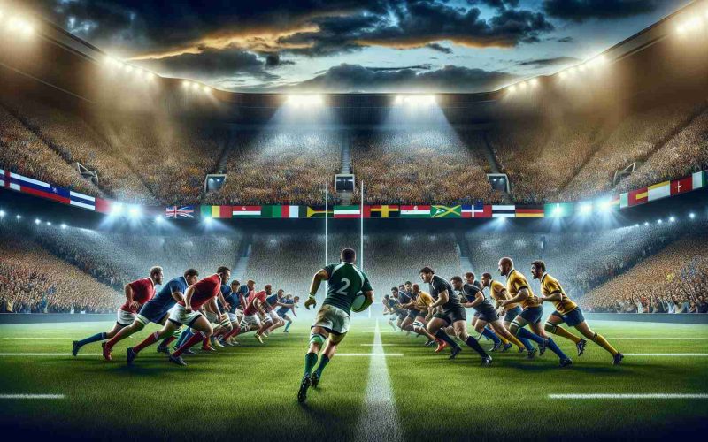 A High-Definition, realistic depiction of an intense rugby showdown between two rival teams. Both sides are filled with determination and sporting vibrant jerseys that distinguish them from each other. The packed stadium breathes anticipation while the floodlights illuminate the field, showcasing the perfectly manicured grass. As the players charge towards each other with the rugby ball in play, fans cheer loudly, their faces painted with their team's colors, showing their unwavering support. A sense of rivalry and camaraderie fills the air, characterizing the essence of an exhilarating rugby match between two proud nations.