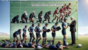 A realistic high-definition photo demonstrating a metaphorical call for evolution in Rugby strategy. The scene shows a group of diverse rugby players - Caucasians, Hispanics, Blacks, Middle-Eastern, and South Asians, both men and women. They are intently studying a large strategy playbook. Behind them is a large evolutionary timeline, starting with old rugby tactics and evolving towards cutting-edge, modern stratagems. The scene is set on a well-maintained rugby field under clear skies. All players are wearing standard rugby kits and display determination and focus, representing the vision for strategic evolution in the sport.