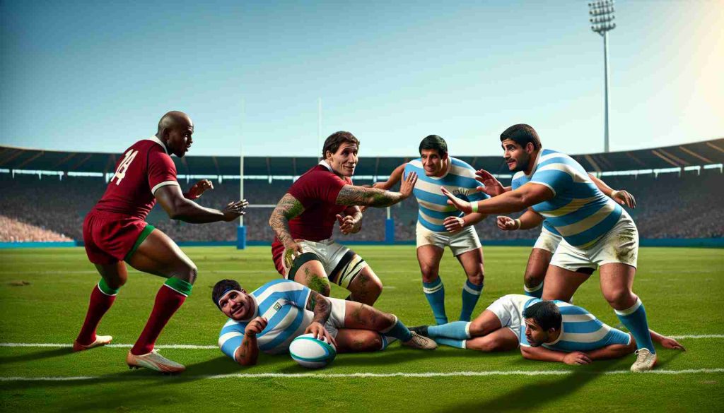 High-definition realistic image of a somewhat surprising scene: players from an Argentine sports team notoriously applying unconventional tactics in a game against their Fijian counterparts. The scene unfolds on a lush green field, with the players in motion demonstrating their rare ingenuity in the competitive world of sports.