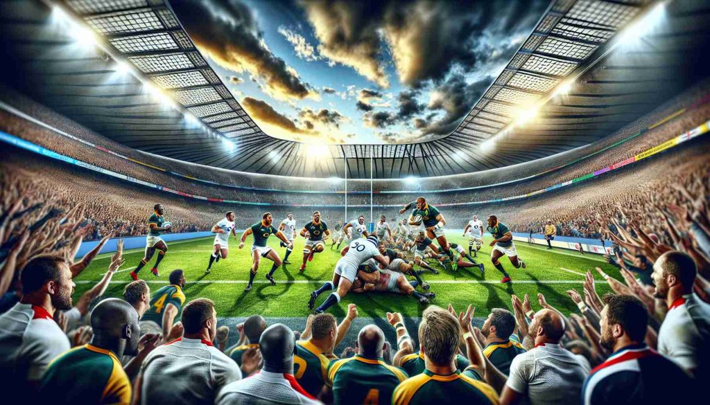 Dynamic high-definition image of a rugby clash between teams from England and South Africa, taking place in a vividly-described, large, historic stadium in the city of London. The teams and spectators alike display a thrilling sense of excitement and anticipation. The anticipated action dives into a center scene wherein two well-matched opponents collide in a test of strength and skill, while loyal supporters from both sides cheer them on, caught up in the contagious energy of the game.