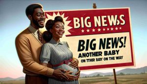 An image in realistic high-definition of sensational news! Expecting parents, who are both of African descent, joyously cradling a baby bump, symbolizing another child on the way. The couple is standing under a banner exclaiming, 'Big News! Another Baby on the Way!'