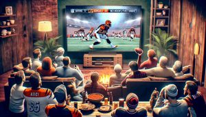 Create a realistic high-definition image showcasing a communal living room scene. The setting is filled with American football enthusiasts, anticipating a game. Excitement,camaraderie, and tension fill the air as the TV screen depicts a moment that's too close to call. Caption at the bottom of the TV screen reads, 'Can the Bengals Make a Miraculous Playoff Comeback?'