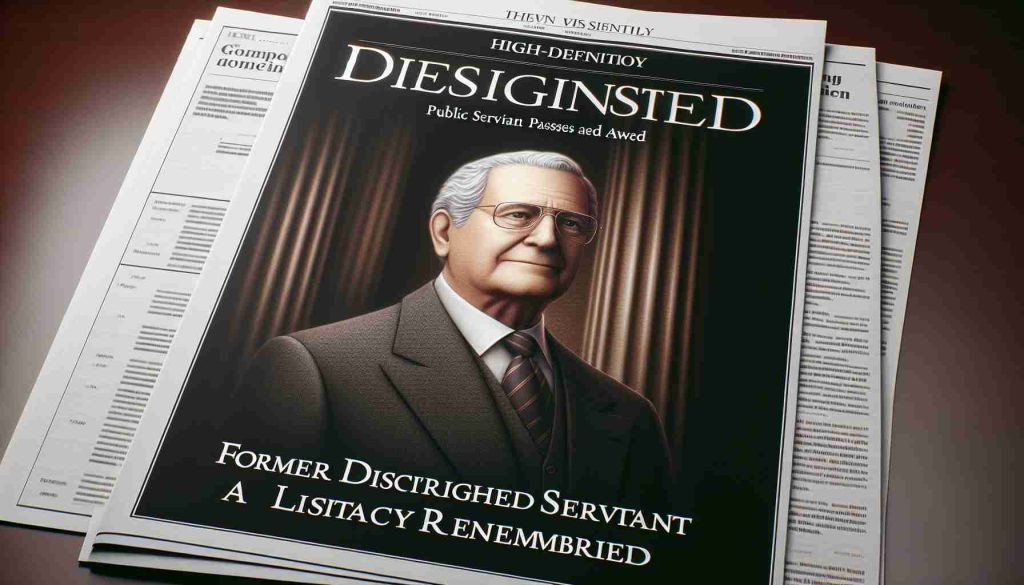 High-definition, realistic depiction of a newspaper front page with the headline: 'Former Distinguished Public Servant Passes Away: A Lasting Legacy Remembered.' This image symbolizes a respectful commemoration of dedication and service to society.