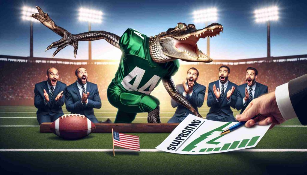 Create a realistic, high-definition image of a surprising event: the top safety position on a competitive American football team, represented by a symbolic alligator, just made a surprising commitment. The scene could capture the moment with excitement and shock expressed by team members and fans.