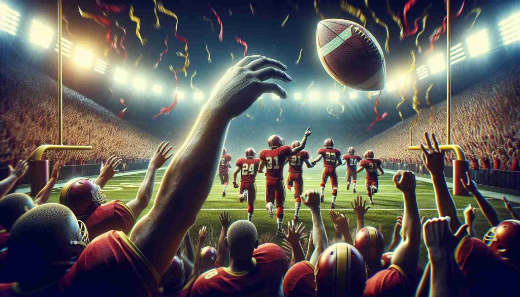 A high-definition, photo-realistic image showing a monumental football victory led by a team with a relentless defense, noticeably represented by the color red and gold. The mood is energetic, the spectators are cheering loudly. The question hovering in the air is whether they will be able to secure more interceptions in future games.