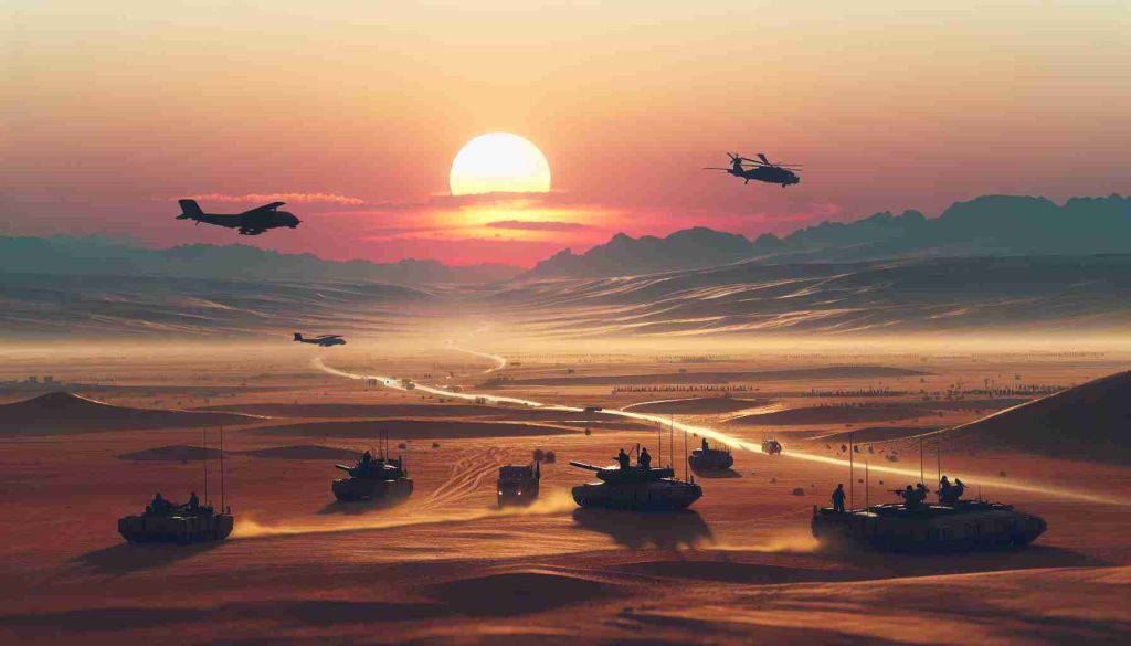 Create a realistic and high-definition image of a hypothetical situation showing military confrontation in a desert region resembling Syria. This should reflect the rising tensions without pinpointing any specific country or group. Please omit any direct references to real entities or incidents.