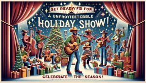 An appealing, high-definition stylized poster announcing a festive holiday show. The design highlights joyous holiday elements such as a decorated tree, sparkling lights, and an abundance of colorful gifts. The excitement is further heightened by prominent text stating 'Get Ready for an Unforgettable Holiday Show! Celebrate the Season!', placed above a design depicting an animated country band, showcasing diverse musicians playing a variety of instruments. The musicians capture the spirit of a rural town with their casual clothing, diverse hairstyles, relaxed demeanor, and various instruments, without in any way insinuating real personalities or celebrities.