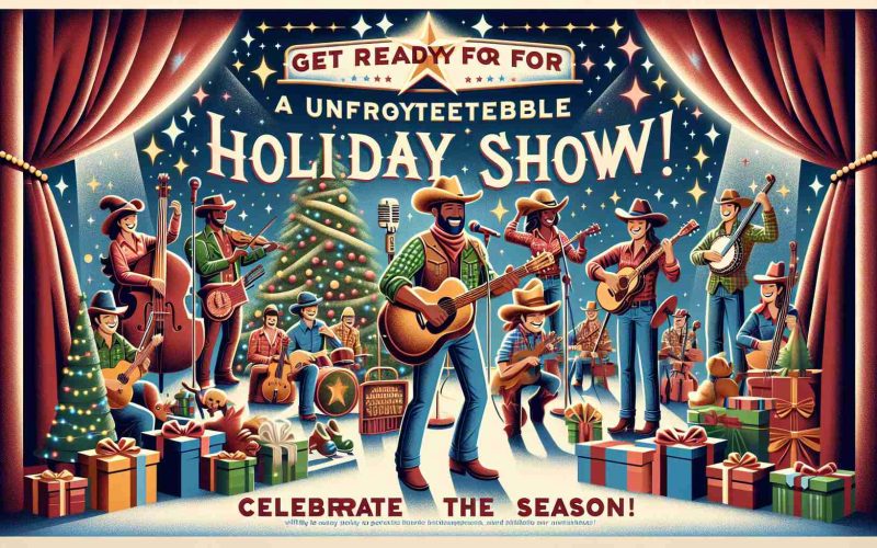 An appealing, high-definition stylized poster announcing a festive holiday show. The design highlights joyous holiday elements such as a decorated tree, sparkling lights, and an abundance of colorful gifts. The excitement is further heightened by prominent text stating 'Get Ready for an Unforgettable Holiday Show! Celebrate the Season!', placed above a design depicting an animated country band, showcasing diverse musicians playing a variety of instruments. The musicians capture the spirit of a rural town with their casual clothing, diverse hairstyles, relaxed demeanor, and various instruments, without in any way insinuating real personalities or celebrities.