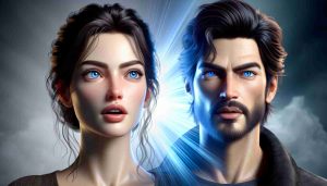 Realistic high-definition image of a brunette woman with striking blue eyes, displaying an expression of revelation, next to a blue-eyed man with dark hair and a prominent jawline, projecting an aura of mystery. Both are engaged in a seemingly intense and surprising conversation.